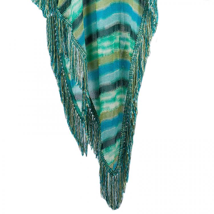 Pre Owned Missoni Blue Striped Knit Fringed Poncho OS