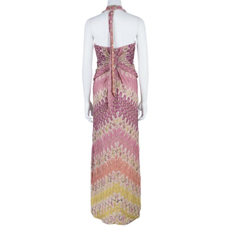 مملوكة مسبقًا Missoni Pink Multicolor Halter Back Knit Maxi Dress M