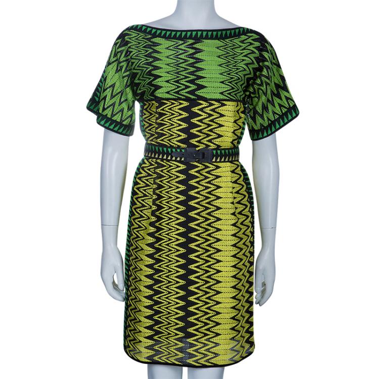 Pre Owned Missoni Green Zig-Zag Belted Dress S