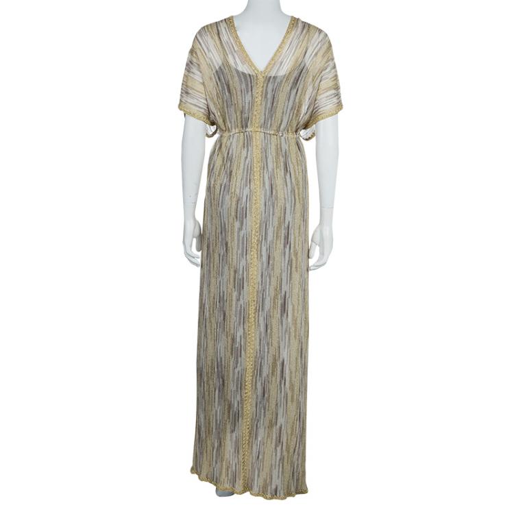 Pre Owned Missoni Gold Lurex Knit Waist Tie Detail Long Kaftan S