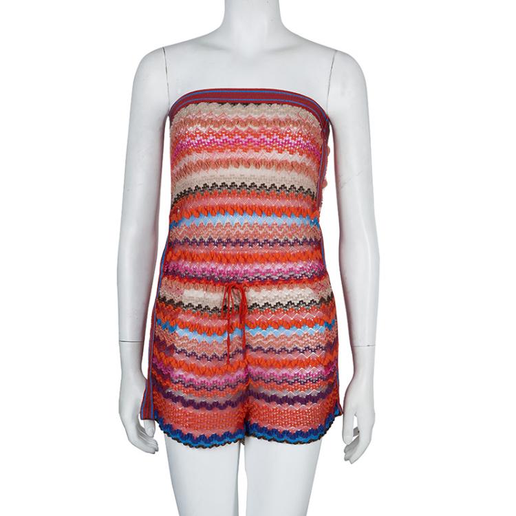 Pre Owned Missoni Multicolor Zig-Zag Pattern Knit Strapless Romper S