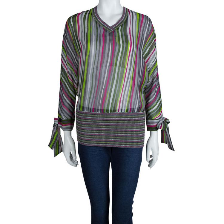 Pre Owned   Missoni Multicolor Striped Silk Fitted Waist Dolman Sleeve Blouse M
