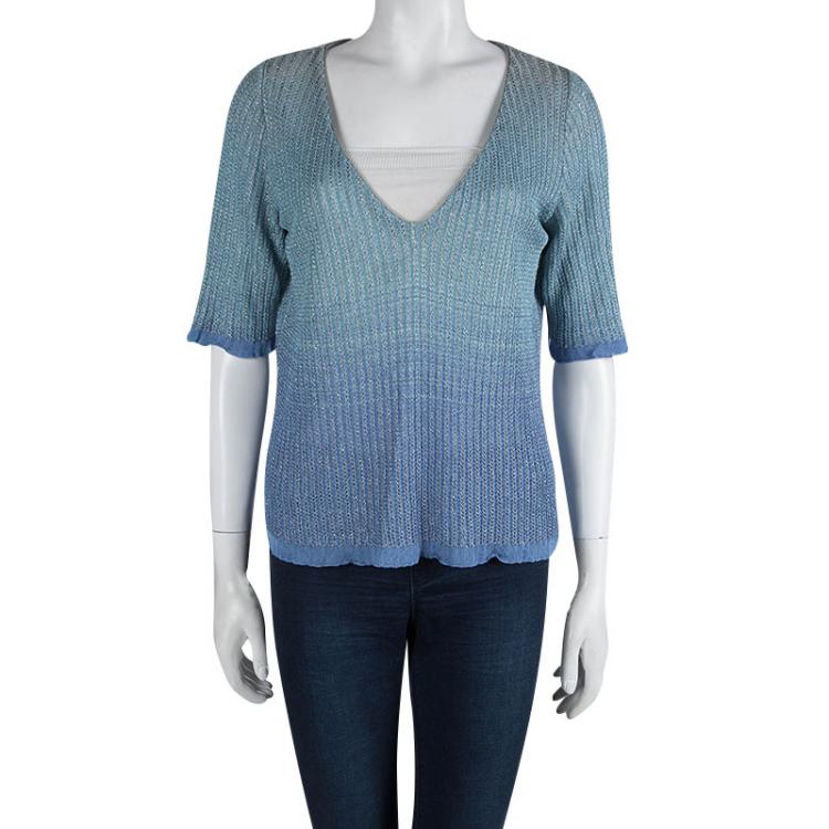 Pre Owned Missoni Blue Ombre Perforated Lurex Knit V-Neck Top M
