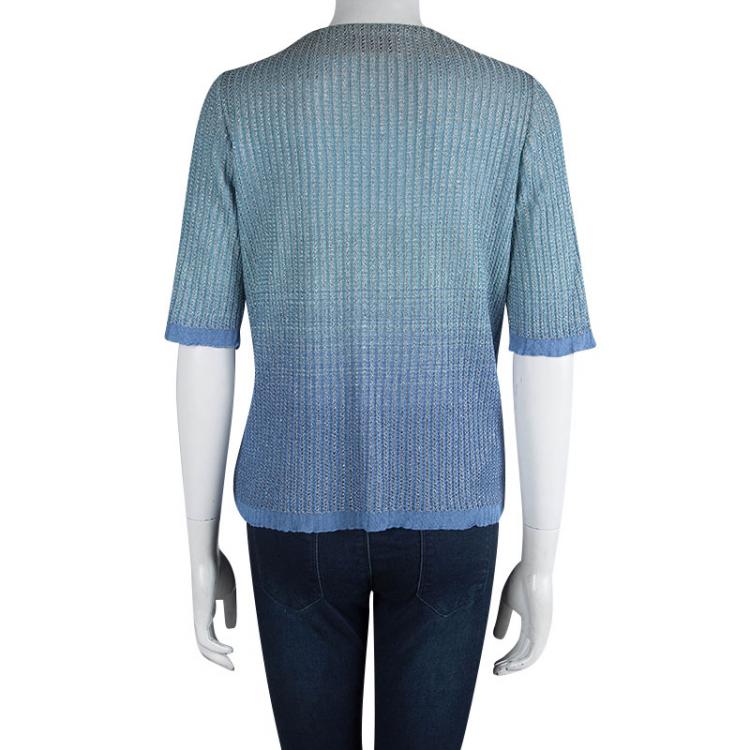 Pre Owned Missoni Blue Ombre Perforated Lurex Knit V-Neck Top M