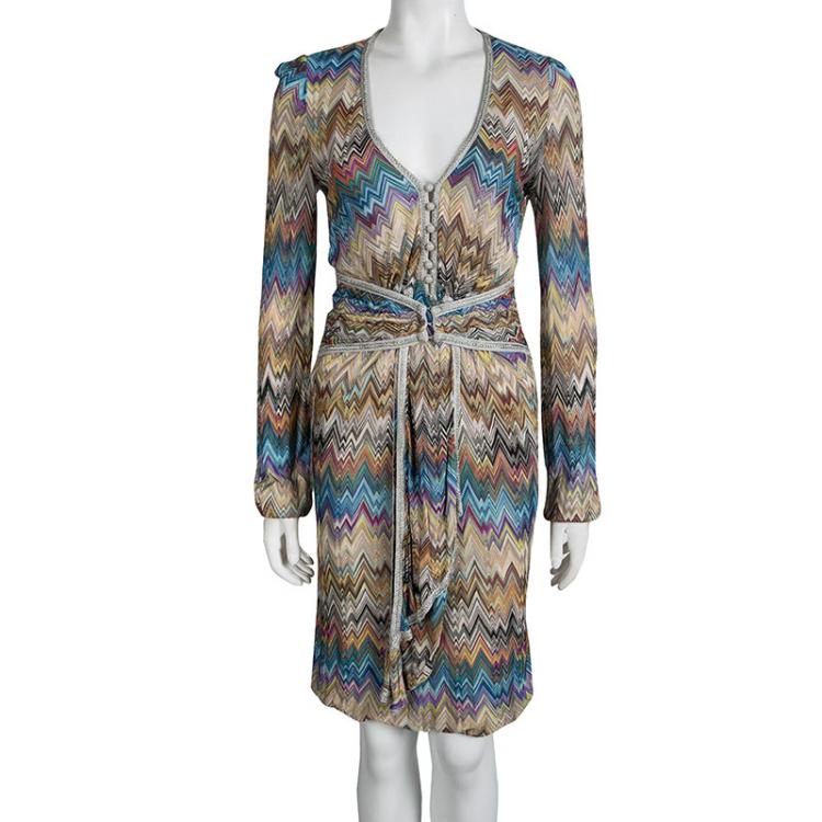 Pre Owned Missoni Multicolor Knit Chevron Pattern Tie Detail Dress M