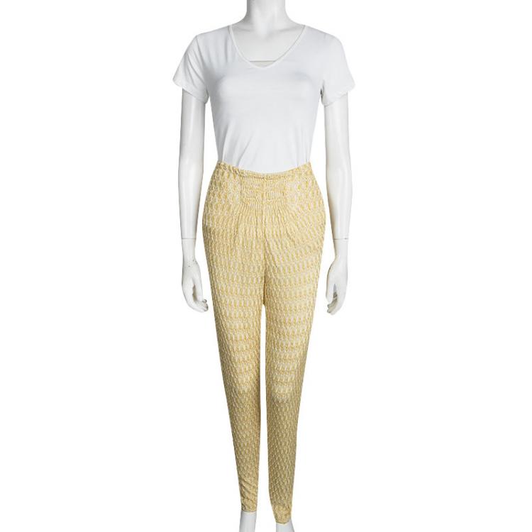 Pre Owned Missoni Mare Yellow Perforated Crochet Knit Elasticized Waist Pants M