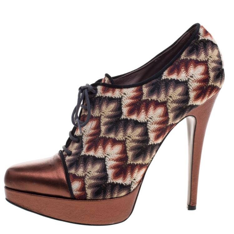 Pre Owned Missoni Multicolor Patterned Knit and Leather Platform Lace Up Ankle Booties Size 38.5