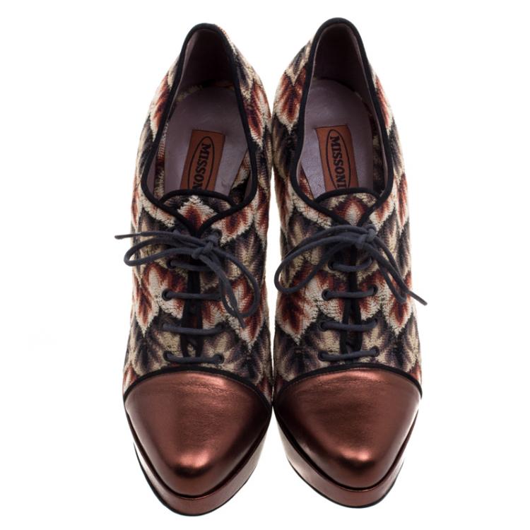 Pre Owned Missoni Multicolor Patterned Knit and Leather Platform Lace Up Ankle Booties Size 38.5