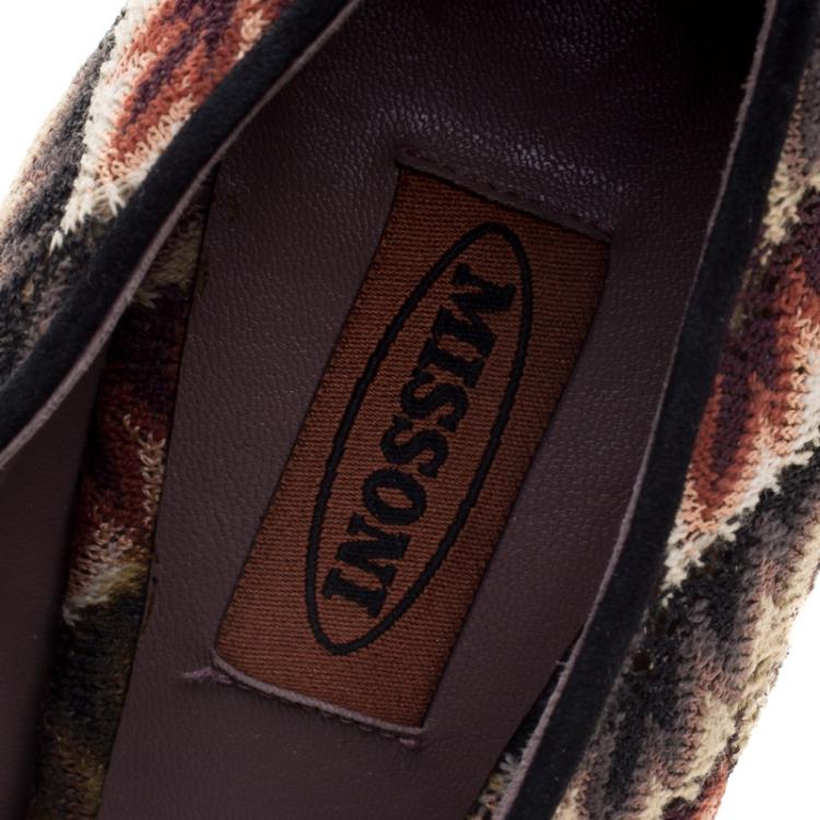 Pre Owned Missoni Multicolor Patterned Knit and Leather Platform Lace Up Ankle Booties Size 38.5