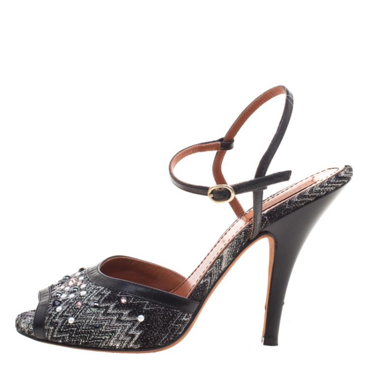 Pre Owned Missoni Black Embellished Patterned Knit Ankle Strap Sandals Size 38.5