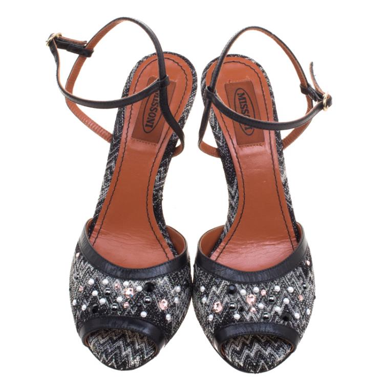 Pre Owned Missoni Black Embellished Patterned Knit Ankle Strap Sandals Size 38.5