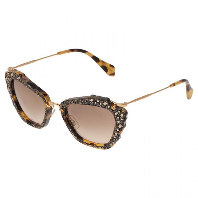 Pre Owned Miu Miu Tortoise SMU 04Q Embellished Cat Eye Sunglasses 