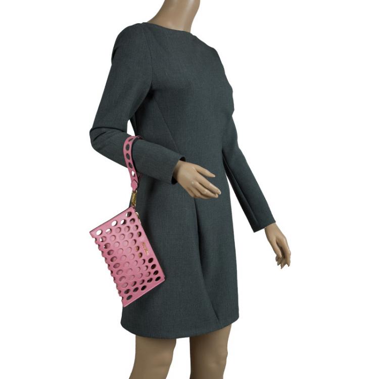Pre Owned Miu Miu Pink Perforated Leather Wristlet Pouch