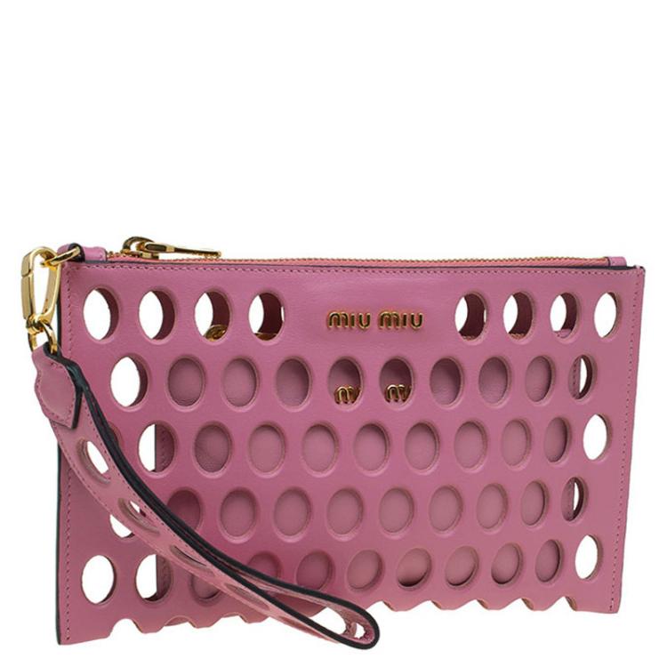 Pre Owned Miu Miu Pink Perforated Leather Wristlet Pouch