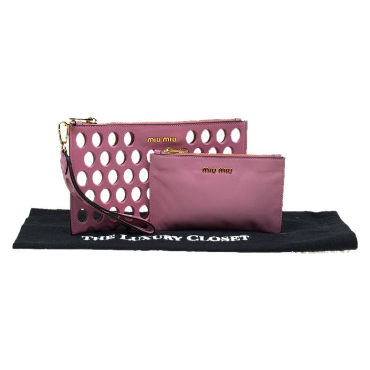 Pre Owned Miu Miu Pink Perforated Leather Wristlet Pouch