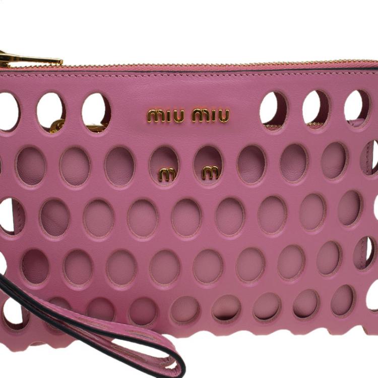 Pre Owned Miu Miu Pink Perforated Leather Wristlet Pouch