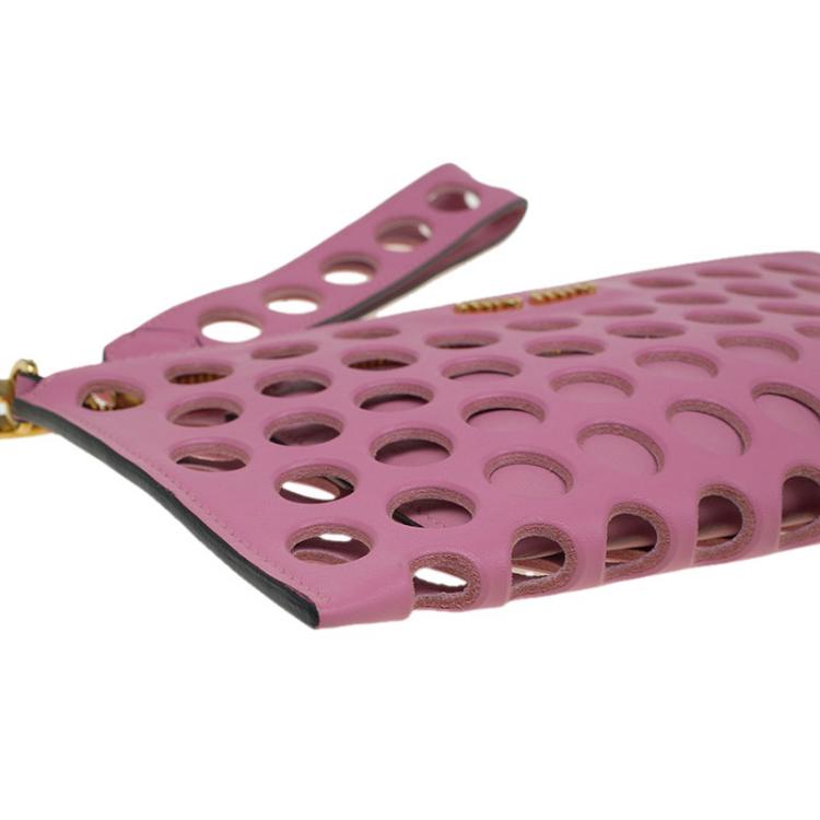 Pre Owned Miu Miu Pink Perforated Leather Wristlet Pouch