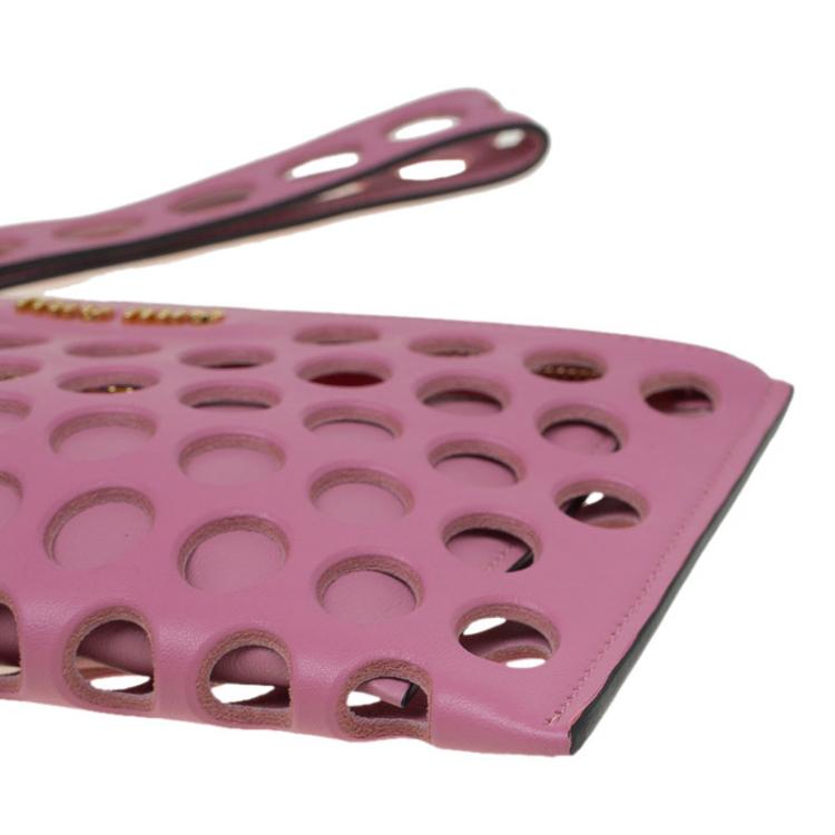 Pre Owned Miu Miu Pink Perforated Leather Wristlet Pouch