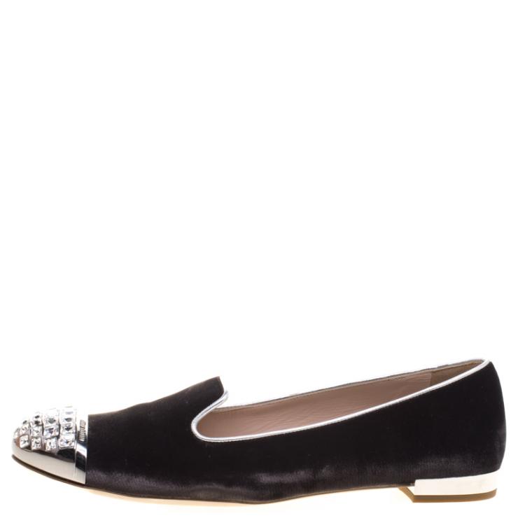 Pre Owned Miu Miu Slate Grey Velvet Crystal Embellished Cap Toe Smoking Slippers Size 41