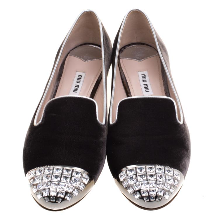 Pre Owned Miu Miu Slate Grey Velvet Crystal Embellished Cap Toe Smoking Slippers Size 41