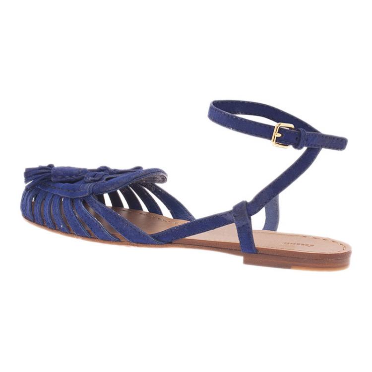 Pre Owned Miu Miu Blue Cutout Suede Tassel Detail Ankle Strap Flat Sandals Size 38