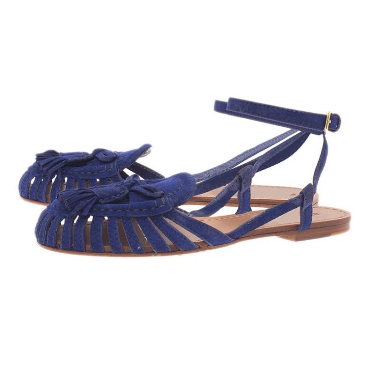 Pre Owned Miu Miu Blue Cutout Suede Tassel Detail Ankle Strap Flat Sandals Size 38