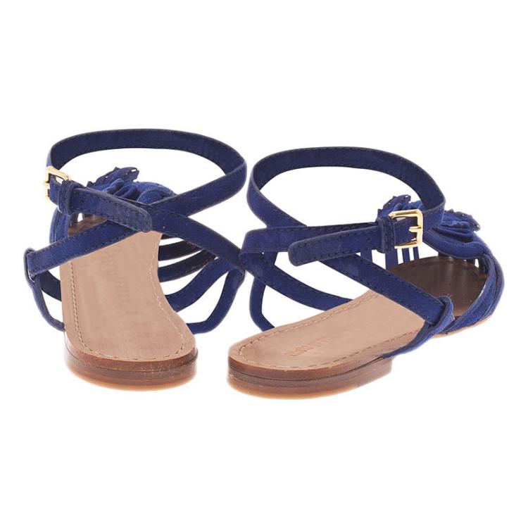 Pre Owned Miu Miu Blue Cutout Suede Tassel Detail Ankle Strap Flat Sandals Size 38