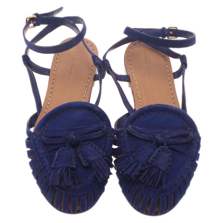 Pre Owned Miu Miu Blue Cutout Suede Tassel Detail Ankle Strap Flat Sandals Size 38