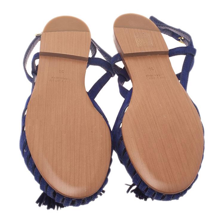 Pre Owned Miu Miu Blue Cutout Suede Tassel Detail Ankle Strap Flat Sandals Size 38