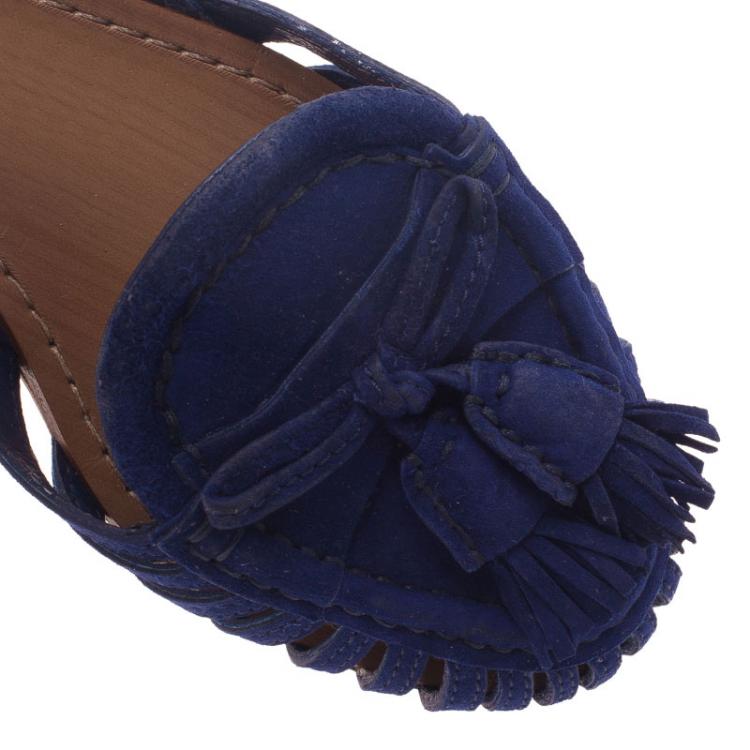 Pre Owned Miu Miu Blue Cutout Suede Tassel Detail Ankle Strap Flat Sandals Size 38