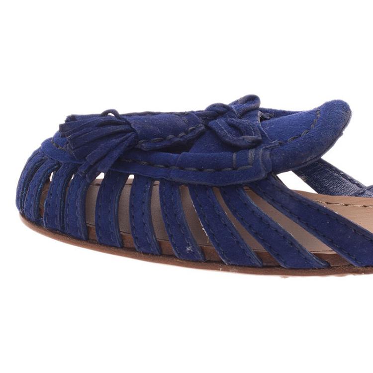 Pre Owned Miu Miu Blue Cutout Suede Tassel Detail Ankle Strap Flat Sandals Size 38