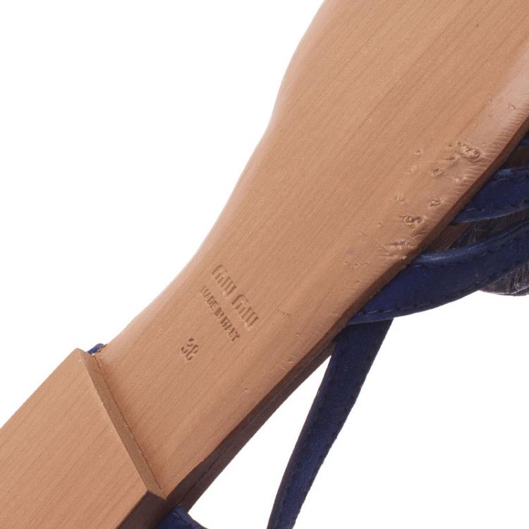 Pre Owned Miu Miu Blue Cutout Suede Tassel Detail Ankle Strap Flat Sandals Size 38