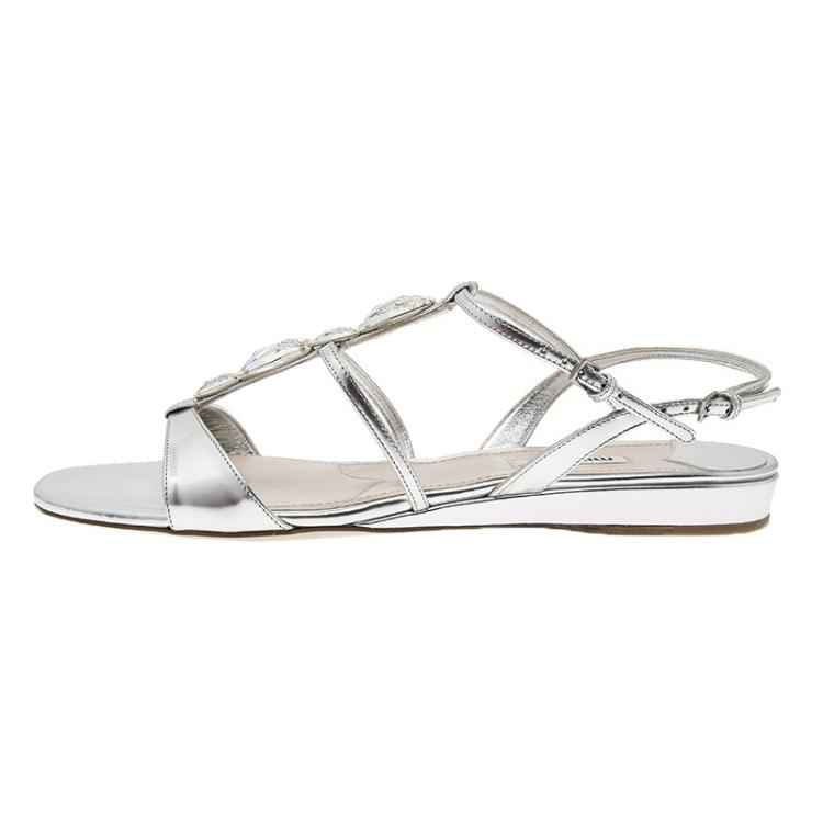 Pre Owned Miu Miu Silver Leather Embellished Multi-Strap Sandals Size 40