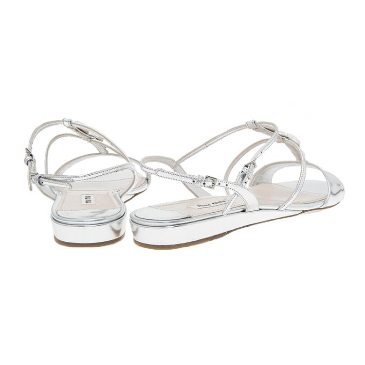 Pre Owned Miu Miu Silver Leather Embellished Multi-Strap Sandals Size 40