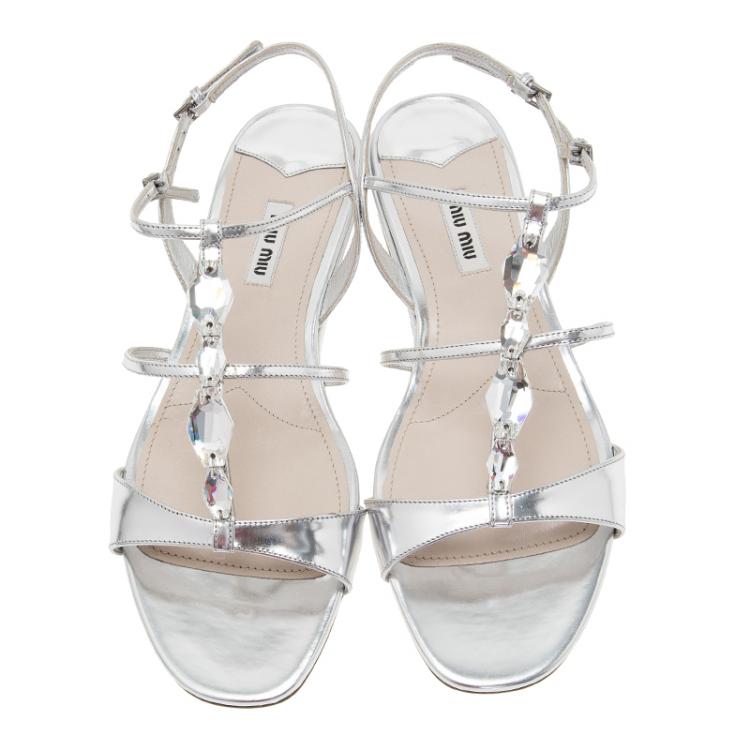 Pre Owned Miu Miu Silver Leather Embellished Multi-Strap Sandals Size 40