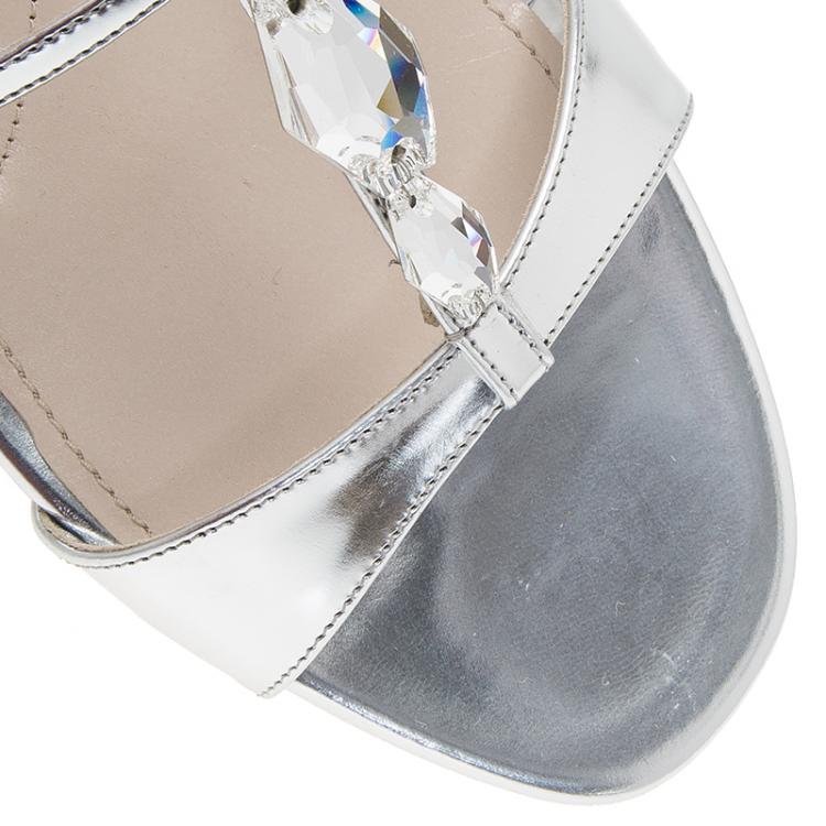 Pre Owned Miu Miu Silver Leather Embellished Multi-Strap Sandals Size 40