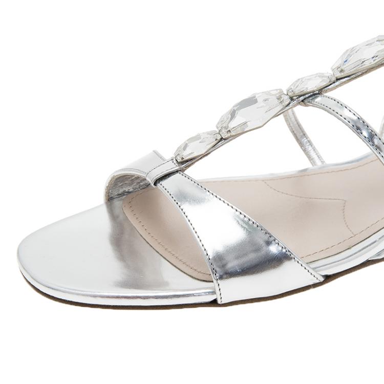 Pre Owned Miu Miu Silver Leather Embellished Multi-Strap Sandals Size 40
