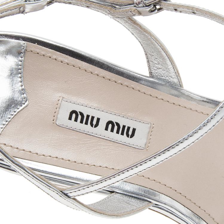 Pre Owned Miu Miu Silver Leather Embellished Multi-Strap Sandals Size 40