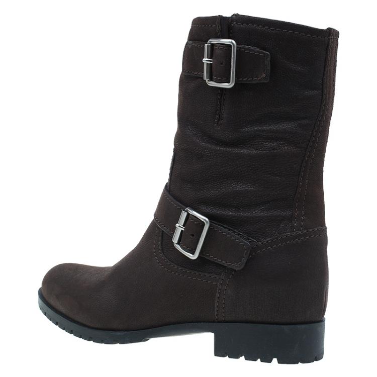 Pre Owned Miu Miu Brown Leather Buckle Detail Biker Boots Size 40