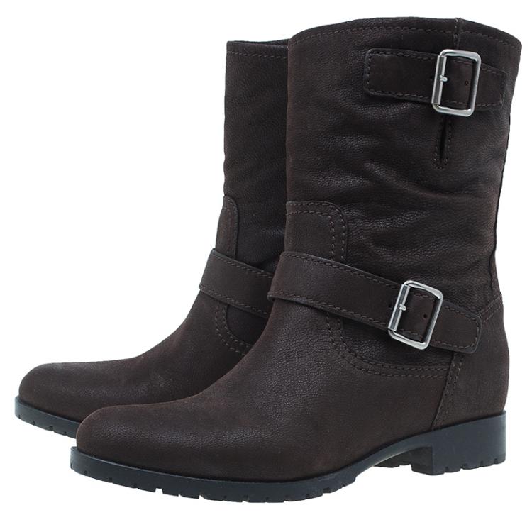 Pre Owned Miu Miu Brown Leather Buckle Detail Biker Boots Size 40