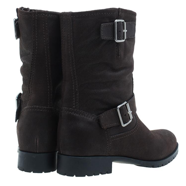 Pre Owned Miu Miu Brown Leather Buckle Detail Biker Boots Size 40