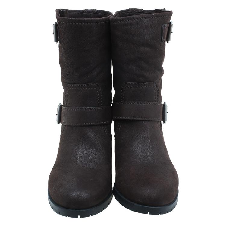 Pre Owned Miu Miu Brown Leather Buckle Detail Biker Boots Size 40