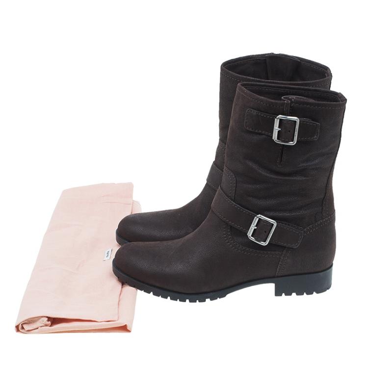Pre Owned Miu Miu Brown Leather Buckle Detail Biker Boots Size 40