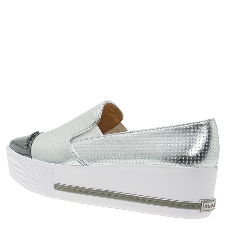 Pre Owned Miu Miu Two Tone Metallic Embossed Leather Platform Slip-on Sneakers Size 38