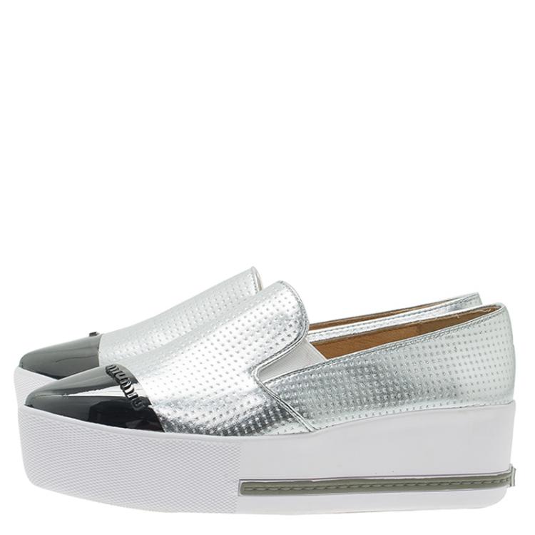 Pre Owned Miu Miu Two Tone Metallic Embossed Leather Platform Slip-on Sneakers Size 38