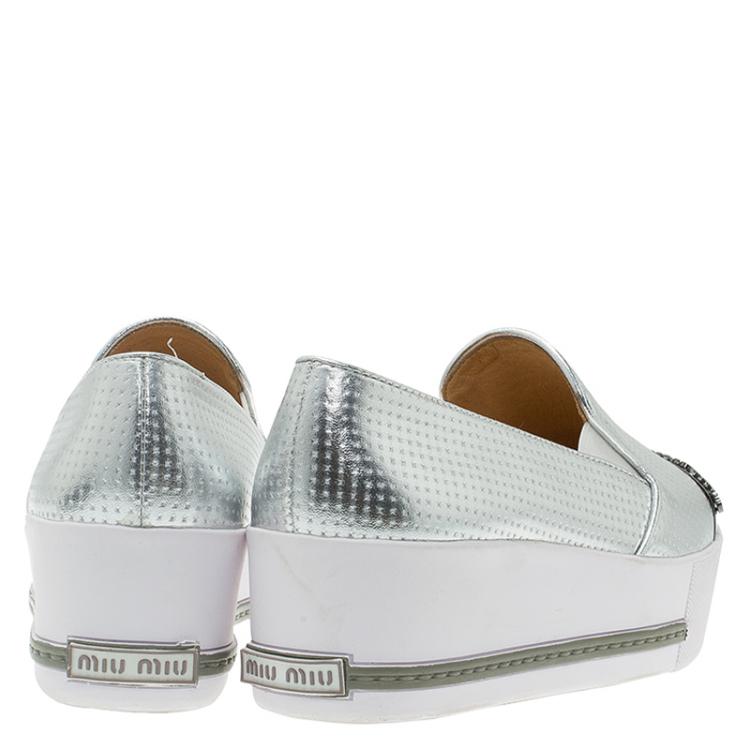 Pre Owned Miu Miu Two Tone Metallic Embossed Leather Platform Slip-on Sneakers Size 38