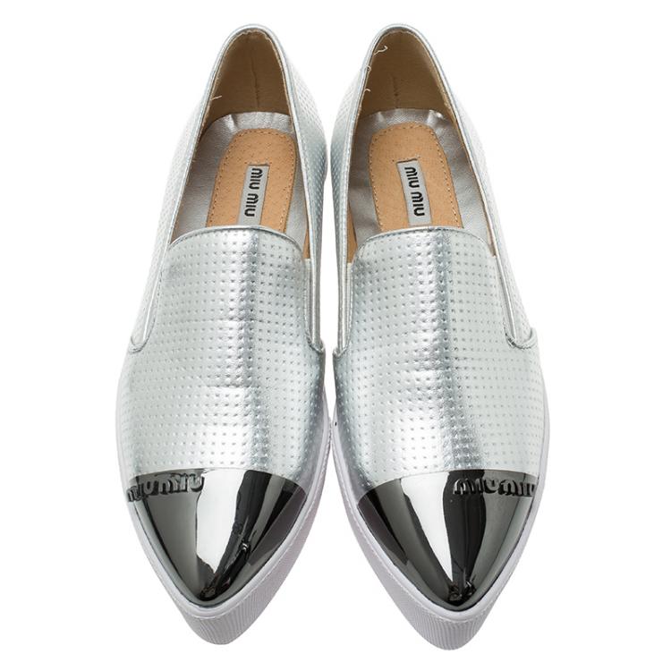 Pre Owned Miu Miu Two Tone Metallic Embossed Leather Platform Slip-on Sneakers Size 38