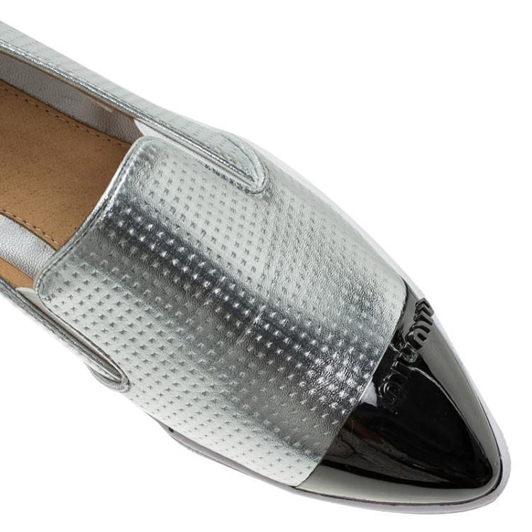 Pre Owned Miu Miu Two Tone Metallic Embossed Leather Platform Slip-on Sneakers Size 38