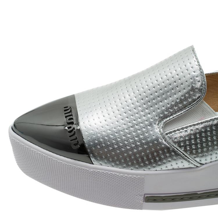 Pre Owned Miu Miu Two Tone Metallic Embossed Leather Platform Slip-on Sneakers Size 38