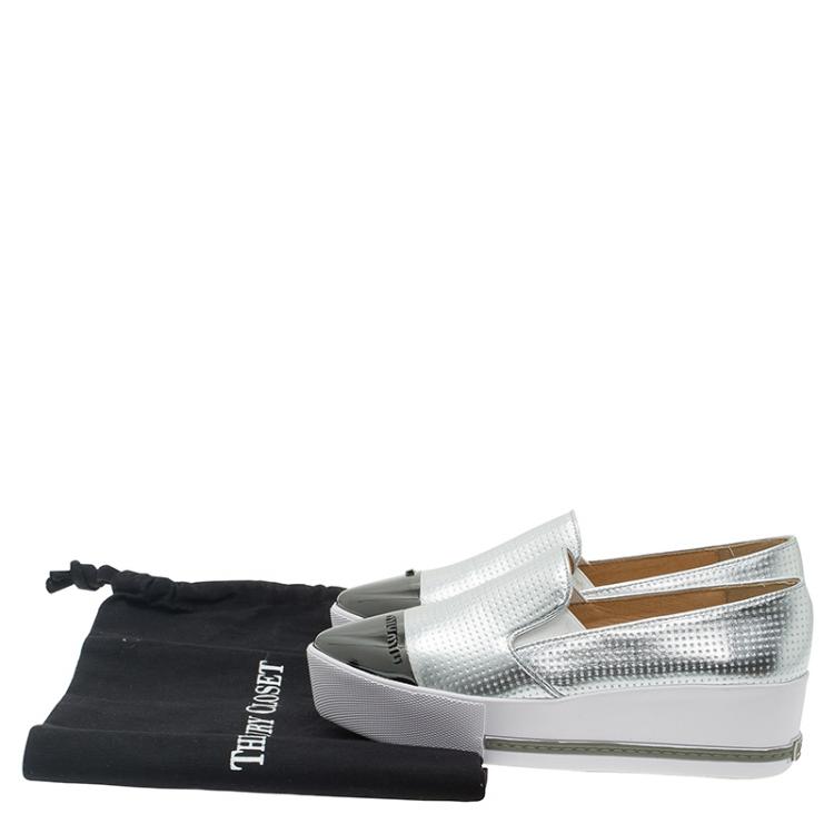 Pre Owned Miu Miu Two Tone Metallic Embossed Leather Platform Slip-on Sneakers Size 38